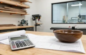 Una calculadora junto a un plano de diseño y una pieza de madera terminada en un taller de carpintería moderna.