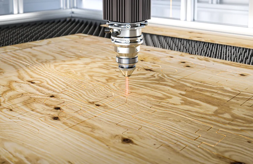 Diagrama comparativo de un tablero de madera con piezas desordenadas vs. un tablero con piezas optimizadas mediante software de Nesting.