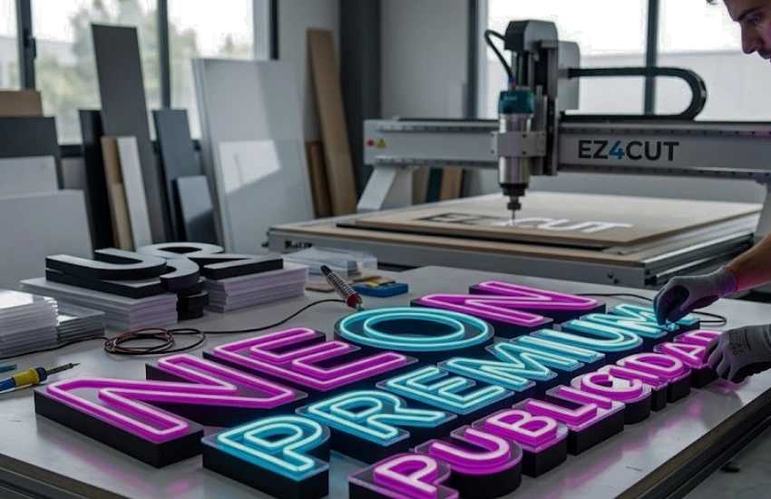 Letrero luminoso comercial de acrílico y Neon Flex siendo ensamblado en un taller de publicidad con un router CNC EZ4CUT al fondo.
